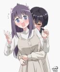  2girls absurdres black_hair blue_eyes blush brown_eyes chang_chin-lan commentary dated_commentary dress earrings flying_sweatdrops grey_background grey_hair gujyo_kanade highres jewelry kamiina_botan_yoeru_sugata_wa_yuri_no_hana long_hair multiple_girls mutsuki_(mutsuki0110) open_mouth pinafore_dress purple_hair short_hair simple_background sleeveless sleeveless_dress sweater white_sweater yuri 