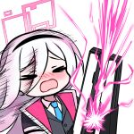  1girl ayanami_barrage_(meme) black_hairband black_jacket blazer blue_archive blue_necktie blush closed_eyes collared_shirt commentary_request double-parted_bangs energy_beam facing_ahead hair_between_eyes hairband halo jacket kei_(blue_archive) kei_(student)_(blue_archive) long_hair long_hair_between_eyes meme necktie no_nose nose_blush open_clothes open_jacket open_mouth peanut_mouth pink_halo pink_jacket railgun raised_inner_eyebrows rectangular_halo shirt simple_background solo two-sided_fabric two-sided_jacket upper_body white_background white_hair white_shirt yoowaru 