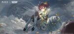  1girl atomic_heart bird_hair_ornament black_gloves black_leggings blue_eyes blue_sky boots braid braided_hair_rings brown_hair clockwork cloud copyright_name copyright_notice floating flutterpage gloves grey_boots grey_shirt grey_shorts hair_ornament hair_rings highres knees_up leggings logo looking_at_viewer official_alternate_costume official_art official_wallpaper puffy_short_sleeves puffy_sleeves reverse:1999 see-through_clothes see-through_skirt shirt short_sleeves shorts shorts_under_skirt skirt sky solo 