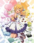  1girl :d \||/ ahoge arisa_(aren) artist_name bag balloon black_bag blue_bow blue_dress blue_trim blue_umbrella blush book bouquet bow briefcase brown_shoes cake closed_eyes color_wheel commentary cookie cosmetics cup diagonal-striped_bow dress envelope facing_viewer floral_print flower food fork frilled_dress frilled_socks frills fruit full_body green_bow hair_bow hair_ornament hairclip hand_mirror hands_up heart heart_balloon highres holding holding_bouquet indie_virtual_youtuber jumping kinjoin_karen kinjoin_karen_(1st_costume) lemon lemon_slice long_hair midair mirror multicolored_dress nail_polish_bottle neckerchief notebook official_art open_mouth parallel_hairclips pillow pink_bow polka_dot polka_dot_bow sailor_collar saucer shoes shoulder_bag signature slippers smile socks solo spoon star_(symbol) star_balloon striped_bow tea teabag teacup tulip umbrella unworn_bag white_dress white_sailor_collar white_socks yellow_neckerchief 