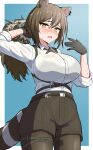  1girl absurdres animal_ear_piercing animal_ears arknights barcode barcode_tattoo black_gloves black_pantyhose black_shorts blue_background blush border breasts brown_hair commentary_request cowboy_shot fanning_self freckles gloves highres large_breasts leg_tattoo looking_at_viewer multicolored_hair outside_border pantyhose pantyhose_under_shorts ponytail raccoon_ears raccoon_girl raccoon_tail robin_(arknights) shirt shorts simple_background solo streaked_hair sweat tail tattoo u5_oekaki wet wet_clothes wet_shirt white_background white_border white_shirt white_streaks yellow_eyes 