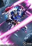  amasaki_yusuke aqua_eyes asteroid beam_rifle commentary_request company_name copyright_logo copyright_name copyright_notice dual_wielding energy_gun energy_sword explosion eye_trail glowing glowing_eyes gun gundam gundam_age gundam_age-2 gundam_age-2_double_bullet gundam_card_game holding holding_energy_gun holding_gun holding_weapon light_trail logo mecha mecha_focus mobile_suit no_humans official_art robot science_fiction solo space sword thrusters v-fin weapon 