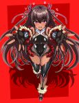  1girl absurdres bare_shoulders blush breasts brown_hair brown_leotard commission covered_navel covered_nipples dark-skinned_female dark_skin elbow_gloves fishnets frilled_leotard frills gloves hair_ribbon highres impossible_clothes impossible_leotard leotard long_hair looking_at_viewer mizuki_yukikaze open_mouth outstretched_arms raiken_art reaching reaching_towards_viewer ribbon showgirl_skirt small_breasts smile solo spread_arms taimanin_(series) taimanin_suit taimanin_yukikaze tan teeth thighhighs thighs upper_teeth_only very_long_hair 