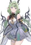  1girl antenna_hair arknights arknights:_endfield bare_shoulders black_streaks blue_eyes blunt_bangs blush breasts cleavage_cutout closed_mouth clothing_cutout commentary_request cowboy_shot detached_sleeves dragon_horns dress green_hair green_hands grey_dress hairband highres horns long_hair long_sidelocks looking_at_viewer multicolored_hair parted_lips pointy_ears si_(arknights) sidelocks small_breasts solo streaked_hair thigh_strap thighs touchika twintails very_long_hair white_background yellow_hairband 