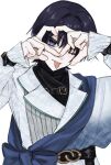  1boy :p alternate_costume belt belt_buckle black_belt black_hair black_shirt blue_bow bow buckle choppy_bangs coat commentary_request eyelashes genshin_impact gold_buckle hair_intakes hands_up head_tilt heart heart_hands heart_hands_over_eye lapels large_bow long_sleeves looking_at_viewer male_focus one_eye_closed portrait purple_eyes qiyti scaramouche_(genshin_impact) shirt solo tongue tongue_out tsurime undershirt upper_body wanderer_(genshin_impact) white_background white_coat white_sleeves wrist_belt 
