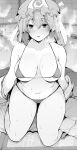  absurdres bare_hips bare_shoulders bikini breasts cleavage eyebrows_visible_through_hair greyscale hat highres hitodama japanese_clothes kimono kimono_removed kneeling large_breasts looking_at_viewer micro_bikini mob_cap monochrome navel parted_lips partially_undressed saigyouji_yuyuko sakurayu_haru sweat sweatdrop swimsuit thigh_gap thighs touhou triangular_headpiece underboob undersized_clothes undressing 