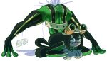  1girl artist_name ass asui_tsuyu bangs banjabu belt bodysuit boku_no_hero_academia bow_by_hair frog_girl gloves goggles goggles_on_head green_bodysuit green_eyes green_hair hair_between_eyes hair_rings jack-o&#039;_challenge long_hair looking_at_viewer low-tied_long_hair pose pouring simple_background smile solo spread_legs superhero very_long_hair water wet white_background 