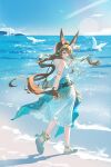  1girl absurdres amiya_(arknights) animal_ears arknights arm_up beach bird blue_sky breasts brown_hair closed_mouth commentary_request day dress flower full_body green_eyes hair_between_eyes hair_flower hair_ornament highres long_hair outdoors qingyi_jiang rabbit_ears rabbit_girl sandals sky sleeveless sleeveless_dress small_breasts solo standing white_bird white_dress white_sandals 