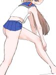  1girl absurdres ass black_hairband black_neckerchief black_panties blue_sailor_collar blue_skirt brown_hair commentary_request cosplay crop_top feet_out_of_frame from_behind hair_ribbon hairband head_out_of_frame highleg highleg_panties highres kantai_collection kazagumo_(kancolle) long_hair microskirt miniskirt neckerchief panties pleated_skirt ribbon sailor_collar shimakaze_(kancolle) shimakaze_(kancolle)_(cosplay) shirt simple_background skirt sleeveless sleeveless_shirt solo stretching thong thong_panties tsuru_(thunder_tsuru) underwear white_background 