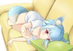  1girl absurdres animal_ears bare_legs blue_hair blue_tail breasts claw_pose cleavage couch cumianjun fox_ears fox_tail gradient_hair highres light_blush lying multicolored_hair on_couch on_side original pillow pout red_eyes red_hair shirt short_hair simple_background solo t-shirt tail white_background white_shirt 