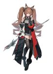  absurdres andamiro angelina_(arknights) animal_ear_fluff animal_ears arknights arknights:_endfield bare_shoulders black_boots black_collar black_gloves black_thighhighs boots bracelet brown_hair coat collar double-parted_bangs dress elbow_gloves fold-over_boots fox_ears fox_girl gilberta_(arknights) gloves grey_dress hair_between_eyes headgear high_collar highres holding holding_staff impossible_clothes impossible_dress infection_monitor_(arknights) jewelry long_hair open_clothes open_coat orange_eyes red_coat short_dress staff thighhighs twintails v zettai_ryouiki 