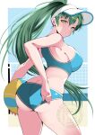  1girl alternate_costume armpits ass ball bare_arms bare_shoulders beach beach_volleyball bikini blue_bikini blue_buruma blue_sports_bra blush border breasts buruma butt_crack closed_mouth fe135700 fire_emblem fire_emblem:_the_blazing_blade from_behind green_eyes green_hair high_ponytail highres holding holding_ball large_breasts long_hair lyn_(fire_emblem) ocean outdoors ponytail solo sports_bikini sports_bra swimsuit thighs very_long_hair visor_cap volleyball_(object) volleyball_(sport) volleyball_net white_border 