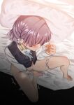  1girl 319saiku absurdres bed black_vest blue_ribbon blush bottomless commentary_request female_masturbation flower from_above gakuen_idolmaster gokugetsu_gakuen_school_uniform hair_flower hair_ornament hataya_misuzu highres idolmaster masturbation panties panty_pull ribbon school_uniform trembling underwear vest 