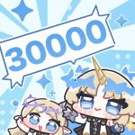  2girls blonde_hair blue_eyes cartethyia_(wuthering_waves) chibi chibi_only closed_mouth commentary_request fleurdelys_(wuthering_waves) horns long_hair looking_at_viewer milestone_celebration multiple_girls open_mouth parted_bangs pointy_ears single_horn smile speech_bubble syurikenmaru wuthering_waves 