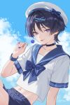 1boy alternate_costume arm_at_side black_choker black_hair blue_bow blue_sailor_collar blue_sky blunt_ends bow bright_pupils candy choker choppy_bangs cloud cloudy_sky collarbone cropped_shirt drawstring eyelashes eyeliner food genshin_impact hair_ornament hairclip hand_up hat hat_bow highres large_bow light_blush lollipop makeup male_focus navel purple_eyes purple_nails purple_shorts red_eyeliner riku_(rrr_gns) sailor_collar sailor_hat sailor_shirt scaramouche_(genshin_impact) shirt short_shorts short_sleeves shorts signature sky solo tongue tongue_out tsurime white_hat white_pupils white_shirt white_sleeves 