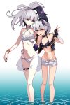  2girls androgynous arm_warmers bandaged_arm bandages belly belt_collar bikini black_bikini black_choker black_hair black_jacket black_nails bracelet breasts choker collar commentary dual_persona english_commentary fingerless_gloves flower_(vocaloid) flower_(vocaloid3) flower_(vocaloid4) gloves gold_bracelet hand_on_another's_shoulder hand_on_another's_waist height_difference highres jacket jewelry multicolored_hair multiple_girls n0_image ocean ponytail purple_eyes red_eyes short_hair shorts skinny small_breasts standing standing_on_liquid streaked_hair striped_arm_warmers swimsuit two-tone_hair v vocaloid white_bikini white_hair white_shorts 
