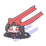  1girl :3 black_hair black_jacket black_serafuku black_shirt black_skirt blunt_bangs blush_stickers bow chibi chibi_only chisa_(wuthering_waves) commentary_request highres hime_cut jacket long_hair necktie open_clothes open_jacket open_mouth outstretched_arms pleated_skirt red_bow red_eyes red_necktie red_ribbon ribbon sailor_collar school_uniform serafuku shadow shirt simple_background skirt smile solo spread_arms syurikenmaru v-shaped_eyebrows very_long_hair white_background wuthering_waves 
