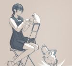  1girl black_hair bucky_(chainsaw_man) chainsaw_man chair commentary_request folding_chair fourth_east_high_school_uniform highres jumping lc.kid long_hair low_twintails mitaka_asa pochita_(chainsaw_man) school_uniform simple_background sitting sitting_backwards twintails 