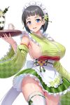  1girl armpit_crease black_hair blue_eyes blunt_bangs blush bow bow_legwear breasts commentary_request green_bow highres holding holding_tray kawase_seiki kirigaya_suguha large_breasts looking_at_viewer maid maid_headdress open_mouth short_hair solo sword_art_online thick_thighs thighhighs thighs tray white_bow white_thighhighs 