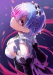  1girl back_bow black_dress black_sleeves blue_eyes blue_hair bow breasts cleavage commentary_request detached_sleeves dress eye_trail frilled_sleeves frills from_side glowing_horns hair_ornament hair_over_one_eye horns large_breasts light_trail long_sleeves looking_at_viewer maid one_eye_covered parted_lips pink_ribbon re:zero_kara_hajimeru_isekai_seikatsu rem_(re:zero) ribbon roswaal_mansion_maid_uniform s_(hdru2332) short_hair single_horn solo upper_body white_bow x_hair_ornament 