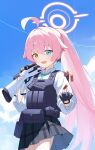  .com_(bot_com1) 1girl :d beretta_1301 beretta_92 black_gloves black_skirt blue_archive blue_eyes blue_necktie blue_sky bulletproof_vest cloud collared_shirt commentary_request cowboy_shot day fingerless_gloves gloves gun hair_between_eyes hair_flaps hair_intakes hand_up handgun heterochromia highres holding holding_gun holding_weapon hoshino_(armed)_(blue_archive) hoshino_(blue_archive) long_hair long_sleeves miniskirt necktie open_mouth outdoors pink_hair plaid_clothes plaid_skirt pleated_skirt ponytail shirt shotgun sidelocks skirt sky smile solo very_long_hair weapon white_shirt yellow_eyes 