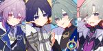  +_+ 4boys :p absurdres anemo_symbol_(genshin_impact) black_bodysuit black_coat black_gloves black_hair black_shirt black_shorts blue_cape blue_eyes blue_gem blue_kimono blue_shirt blunt_ends blush bodysuit bright_pupils cape chest_harness chest_jewel choppy_bangs closed_mouth coat collared_shirt colored_inner_hair column_lineup commentary_request contrast_collar cosplay costume_switch cross cross_earrings crossed_bangs durin_(genshin_impact) durin_(genshin_impact)_(cosplay) earrings embarrassed facial_mark fang forehead_mark fur-trimmed_coat fur_trim gem genshin_impact gloves gold gold_trim grey_coat grey_hair grey_pupils hair_between_eyes hakama hakama_shorts harness heart-shaped_gem highres illuga_(genshin_impact) illuga_(genshin_impact)_(cosplay) japanese_clothes jewelry juban kimono lapels lohen_(genshin_impact) lohen_(genshin_impact)_(cosplay) looking_at_viewer mandarin_collar mole mole_under_eye multicolored_hair multiple_boys open_clothes open_coat open_kimono orange_eyes pleated_shorts purple_eyes purple_gem purple_hair purple_vest red_hair ribbed_sweater scaramouche_(genshin_impact) shirt shorts shoulder_peek side_cape skin_fang souka0103 sweater tassel tongue tongue_out turtleneck turtleneck_shirt turtleneck_sweater vest wanderer_(genshin_impact) wanderer_(genshin_impact)_(cosplay) white_gloves white_kimono white_pupils white_sweater wing_collar 