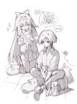  1boy 2girls absurdres alternate_costume anger_vein animal animal_ears arrow_(symbol) bag blank_eyes blunt_ends blunt_tresses bow bug butterfly cardigan cat cat_ears cat_girl chain closed_eyes collared_shirt columbina_(genshin_impact) contemporary cowlick drink_carton drinking drinking_straw english_text facing_animal genshin_impact greyscale hair_bow hairband highres holding holding_animal holding_cat indian_style kneeling light_blush long_hair long_sidelocks monochrome multiple_girls pants pleated_skirt ribbed_socks rzm_mmzk sandrone_(genshin_impact) scaramouche_(cat)_(genshin_impact) scaramouche_(genshin_impact) school_bag school_uniform shirt short_hair short_hair_with_long_locks sidelocks sitting skirt socks spoken_character spoken_thumbs_up three-quarter_sleeves tile_floor tiles too_many too_many_cats tsurime twitter_username very_long_hair wispy_bangs 