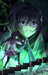  1girl akemi_homura akemi_homura_(magical_girl) angry aura_monster_(re:zero) black_hair black_hairband blood blood_on_clothes blood_on_face bullet_hole clenched_teeth clock commentary_request dark_background dried_blood gears hairband high_heels highres kyubey long_hair mahou_shoujo_madoka_magica meme purple_eyes purple_skirt re:zero_kara_hajimeru_isekai_seikatsu roman_numeral shirt shiyan_ying skirt solo_focus stairs teeth twitter_username very_long_hair white_shirt zoom_layer 