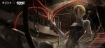  1girl arm_behind_back atomic_heart black_leotard blonde_hair braid breasts cable claw_(weapon) copyright_name copyright_notice crown_braid dark_background faceless faceless_female facing_viewer hand_up highres humanoid_robot indoors left_(atomic_heart) leotard logo medium_breasts metal_skin official_art official_wallpaper red_star reverse:1999 robot robot_girl solo stairs star_(symbol) string upper_body weapon 