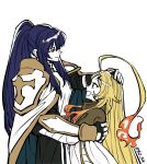  2girls 8o_34 absurdres ahoge armor armored_collar artist_name blonde_hair blue_hair burning_ahoge burning_hair cape cloak commentary_request fiery_hair gloves hair_between_eyes hand_on_another's_shoulder headpat height_difference highres holding huge_ahoge kivia_patausche knight korean_commentary leather_strap long_hair long_sleeves multicolored_hair multiple_girls neck_armor open_mouth parted_bangs ponytail red_eyes scar scar_on_face shoulder_armor simple_background smile standing teoritta twitter_username two-sided_cloak two-sided_fabric two-tone_cloak upper_body very_long_hair white_background white_cloak yuushakei_ni_shosu 