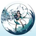  1girl abstract_background arknights bare_shoulders black_hair black_shoes boots circle closed_mouth colored_extremities colored_skin commentary_request dragon_girl dragon_horns dragon_tail dress dusk_(arknights) earrings eastern_dragon_horns eastern_dragon_tail fiery_tail fire fishing_line fishing_rod full_body green_hands green_horns green_skin hair_over_one_eye highres holding holding_fishing_rod horns jacket jewelry long_hair looking_at_viewer multicolored_hair open_clothes open_jacket pointy_ears rasonsuti red_eyes shoes simple_background solo tail tassel tassel_earrings white_background 