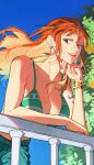  1girl bangle bare_shoulders bikini bikini_top_only blue_pants blue_sky bracelet breasts brown_eyes cleavage collarbone commentary denim earrings elbow_rest eyelashes floating_hair food fruit gold_bangle green_bikini highres jeans jewelry large_breasts log_pose long_hair looking_at_viewer mandarin_orange nami_(one_piece) one_piece open_mouth orange_hair orange_tree outdoors pants paruma_umu pearl_earrings railing shoulder_tattoo sky solo swimsuit tattoo twitter_username untranslatable_commentary upper_body 