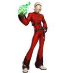  1boy absurdres androgynous ash_crimson belt black_nails blonde_hair fingerless_gloves fire freckles gloves green_fire hair_over_one_eye hairband highres jacket male_focus nail_polish official_art pants pyrokinesis red_pants short_hair simple_background smile snk solo teeth the_king_of_fighters the_king_of_fighters_afk trap white_hair 