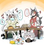  +++ 2girls ahoge animal_ears apron black_hair blush bowl closed_eyes commentary_request eating facial_mark facing_viewer fang food heart hololive hood hoodie hoshiyuri2nd long_hair miofa_(ookami_mio) multicolored_hair multiple_girls musical_note ookami_mio open_mouth paw_print rice rice_bowl shamoji shirakami_fubuki simple_background sitting sound_effects speech_bubble spoken_heart spoken_musical_note streaked_hair sukonbu_(shirakami_fubuki) table tail translation_request virtual_youtuber wariza whisker_markings white_background white_hair white_hoodie wolf_ears wolf_girl wolf_tail wooden_table 