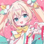  1girl album_cover aqua_eyes aramedraw blonde_hair bow bridal_gauntlets commentary_request copyright_notice cover crossed_bangs detached_sleeves double-parted_bangs four-finger_heart_hands heart heart_hands highres hololive kazama_iroha kazama_iroha_(magical_gozaru) long_hair open_mouth pink_background pom_pom_(clothes) sailor_collar shirt smile solo twintails upper_body virtual_youtuber white_sailor_collar white_shirt wide_sleeves yellow_bow 