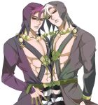  2boys abs black_sclera clone colored_sclera forehead-to-forehead hanrushi hat hat_bobbles heads_together highres jojo_no_kimyou_na_bouken large_pectorals long_sleeves looking_at_viewer male_cleavage male_focus multiple_boys pectorals purple_hair red_eyes risotto_nero sidepec toned toned_male vento_aureo white_background white_hair 