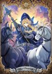  +_+ 1girl absurdres armor blonde_hair blue_eyes bonnet border card_(medium) chariot commentary_request floating_hair highres holding holding_staff horse komota_(kanyou_shoujo) long_hair original ornate_border staff tarot tarot_(medium) the_chariot_(tarot) 