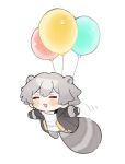  1boy animal_ears arms_up balloon black_gloves black_jacket blush bottomless caelus_(honkai:_star_rail) chibi chibi_only chinese_commentary closed_eyes commentary_request fingerless_gloves flying full_body gloves grey_fur grey_hair hair_between_eyes honkai:_star_rail honkai_(series) hood hooded_jacket jacket kemonomimi_mode leonrui lifted_by_balloons long_sleeves male_focus open_clothes open_jacket open_mouth raccoon_ears raccoon_tail shirt short_hair simple_background smile solo t-shirt tail trailblazer_(honkai:_star_rail) white_background white_shirt 