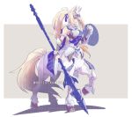  1girl animal_ears arm_shield armor blonde_hair blue_eyes centaur closed_mouth commentary english_commentary grey_background hair_over_one_eye holding holding_polearm holding_weapon horse_ears horse_girl horse_tail long_hair monsterification polearm ponytail roti_strawberi shield sigrid_de_l'azur simple_background single_bare_shoulder solo spear tail taur twitter_username weapon zenless_zone_zero 