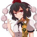  1girl bad_hands black_hair black_ribbon blush breasts closed_mouth collared_shirt hat leaf-pattern_stripe looking_at_viewer necktie pointy_ears pom_pom_(clothes) red_eyes ribbon shameimaru_aya shirt short_hair short_sleeves simple_background small_breasts tengu tokin_hat touhou upper_body white_background white_shirt yasui_nori 