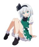  1girl black_bow black_bowtie black_hairband black_shoes blue_eyes bow bowtie cato_(monocatienus) collared_shirt commentary_request convenient_leg frilled_skirt frills green_skirt green_vest grey_hair grin hairband highres hitodama konpaku_youmu konpaku_youmu_(ghost) loafers looking_at_viewer puffy_short_sleeves puffy_sleeves shirt shoes short_sleeves simple_background sitting skirt skirt_set smile socks solo touhou vest white_background white_shirt white_socks 
