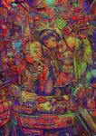  +_+ 2girls absurdly_detailed_composition ane_(yakamashi0) arcade_cabinet bandaid bandaid_on_face bandaid_on_nose belt belt_buckle bikini bikini_under_clothes bracelet buckle button_eyes buttons card cash_register colorful commentary doll drawer fang fish_skeleton fur-trimmed_skirt fur_trim guitar hat headset heart heart-shaped_eyewear highres indoors instrument jar jewelry loaded_interior looking_at_viewer mask medium_hair multiple_girls navel navel_piercing neck_warmer necklace neon_sign open_mouth original piercing plaid_clothes plaid_skirt playing_card red_eyes rocket shirt short_sleeves skirt skull slot_machine spiked_bracelet spikes sticker sunglasses swimsuit t-shirt tank_top toy tray unworn_mask vinyl_record white_hat 