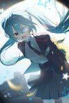  1girl :d absurdres ahoge aqua_hair arms_behind_back black_eyes black_jacket black_necktie black_skirt blazer blurry blurry_background blurry_foreground blush bouquet cityscape collar collared_shirt commentary cowboy_shot diml1ght dot_nose eyepatch falling_petals floating_hair flower from_inside hair_between_eyes hatsune_miku high-waist_skirt highres holding holding_bouquet jacket leaning_forward long_hair long_sleeves looking_at_viewer medical_eyepatch monitoring_(vocaloid) necktie open_clothes open_jacket open_mouth outdoors petals pleated_skirt pov_peephole school_uniform shirt shirt_tucked_in sidelocks skirt smile solo standing star_(symbol) sunflower tie_clip tongue twintails very_long_hair vocaloid white_collar white_shirt wind wing_collar yellow_petals 