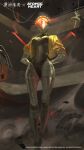  1girl absurdres arms_behind_back atomic_heart black_leotard blonde_hair braid breasts cable clothed_robot copyright_name copyright_notice crown_braid dust faceless faceless_female facing_viewer feet_out_of_frame gold_jacket highres humanoid_robot joints leotard logo medium_breasts metal_skin official_art official_wallpaper red_star reverse:1999 right_(atomic_heart) robot robot_girl robot_joints solo standing star_(symbol) 