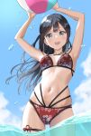  1girl ball beachball bikini black_hair breasts cosplay floral_print gorilla-shi grey_eyes highres kurosawa_dia kurosawa_dia_(cosplay) long_hair love_live! love_live!_nijigasaki_high_school_idol_club love_live!_sunshine!! medium_breasts navel open_mouth sky solo swimsuit water water_drop yuuki_setsuna_(love_live!) 