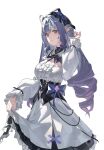  1girl absurdres adapted_costume angel_no_shousou black_nails breasts cleavage closed_mouth commentary_request dress enmaided highres holding_own_dress large_breasts long_hair looking_at_viewer maid nail_polish pointy_ears purple_hair red_eyes shrug_(clothing) simple_background solo vivian_banshee white_background white_dress white_shrug white_sleeves zenless_zone_zero 