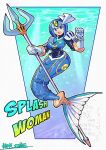  1girl android armor blue_armor blue_background blue_eyes blue_gem blue_helmet breasts character_name commentary_request english_text fins forehead_jewel full_body gem gloves helmet highres holding holding_polearm holding_weapon looking_at_viewer medium_breasts mega_man_(classic) mega_man_(series) mega_man_9 merfolk mermaid monster_girl oomasa_teikoku open_mouth outline polearm robot_girl shoulder_armor signature solo splash_woman teeth trident upper_teeth_only watermark weapon white_background white_gloves white_outline yellow_gem 
