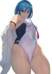  1girl ashiomi_masato blue_eyes blue_hair breasts closed_mouth dead_or_alive dead_or_alive_6 glasses highleg highleg_leotard leotard looking_at_viewer necktie nico_(doa) short_hair simple_background solo white_background 