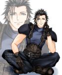  1boy armor baggy_pants belt belt_buckle black_hair blue_eyes blue_pants blue_sweater boots brown_boots brown_gloves buckle closed_mouth commentary_request crisis_core:_final_fantasy_vii final_fantasy final_fantasy_vii full_body gloves highres indian_style looking_at_viewer male_focus marumaruru5 multiple_belts pants ribbed_sweater short_hair shoulder_armor sitting sleeveless sleeveless_turtleneck smile solo spiked_hair suspenders sweater turtleneck turtleneck_sweater zack_fair zoom_layer 