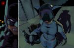  1boy 1girl absolute_batman absolute_dc animal_ear_helmet animal_helmet back_spikes bat_mask batman batman_(absolute_dc) black_bodysuit bodysuit cat_helmet cat_mask catsuit catwoman catwoman_(absolute_dc) dc_comics gilded_mascaraline grey_bodysuit highres mask reflective_clothes reflective_mask superhero_costume taut_bodysuit taut_clothes 